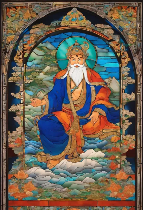 A painting of a man in blue sitting on a misty ground, an ultrafine detailed painting by Kanō Tanyū, Flickr, cloisonne, tibetanthangkas, Thangka, tibetan painting, narasimha, puṣkaracūḍa, asura from chinese myth