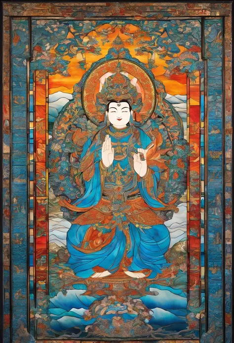 A painting of a man in blue sitting on a misty ground, an ultrafine detailed painting by Kanō Tanyū, Flickr, cloisonne, tibetanthangkas, Thangka, tibetan painting, narasimha, puṣkaracūḍa, asura from chinese myth