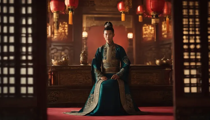 Photorealistic depiction of a 15-year-old Ancient Chinese prince, resembling an actual person, dressed in the iconic attire of asian sexual dress. He sits with regal posture, and the environment around him reflects the opulence of an ancient China royal ch...