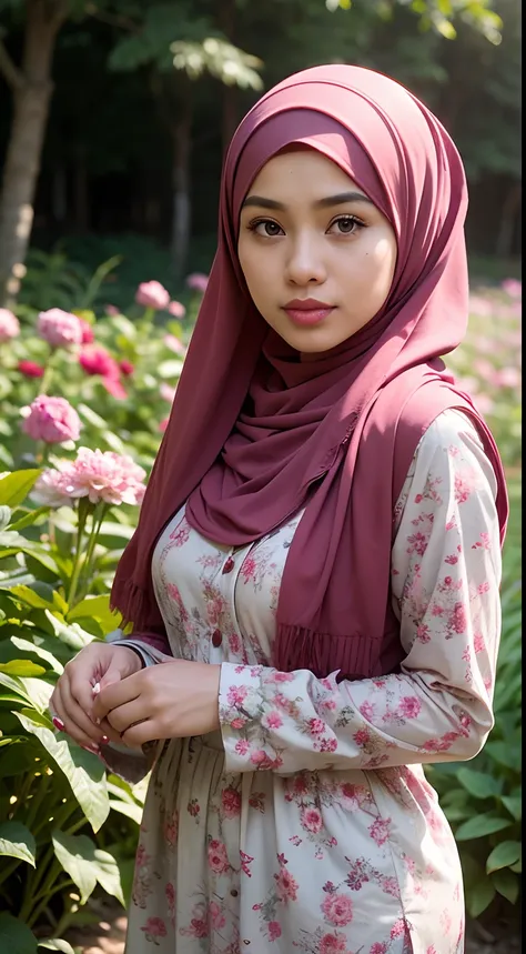 photo of a young bookish malay woman wearing a hijab walking in a flower garden, the woman wearing a pastel floral patterned baj...