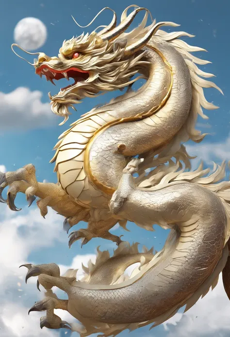 An illustration of a Chinese dragon in the sky，Clear  eyes，A complete body，A beautiful Chinese dragon，black and white sketch，white backgrounid，Clear details