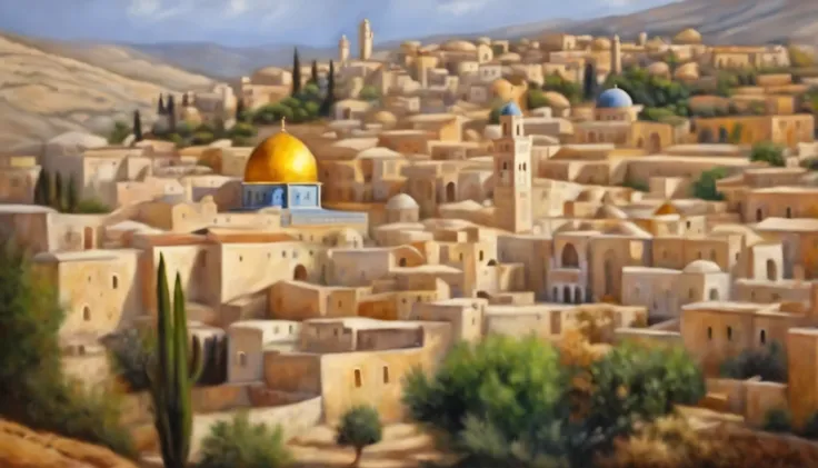 The city-state of Israel oil painting style The tone is bright