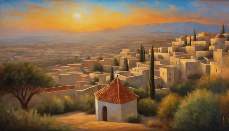 The city-state of Israel oil painting style The tone is bright