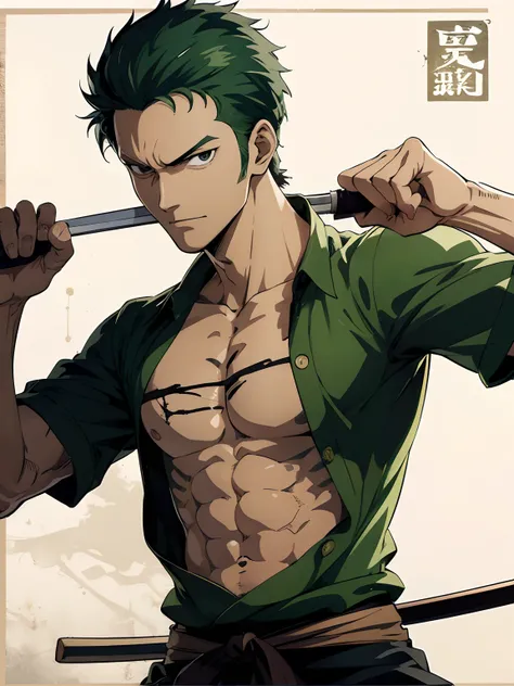 ((best quality)), ((masterpiece)), (detailed), roronoa zoro poster for a t-shirt, no text. 4K, 2d, anime, One piece, good body, well drawn face, well drawn hands, svg, (cover-style:1.3), realistic adult face, not childish