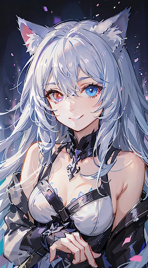 年轻, long white hair, Heterochromia, (Blue left eye, Right eye purple), White cat ears, Turquoise Top, Open chest, Tattoos, Smile, masutepiece, High quality