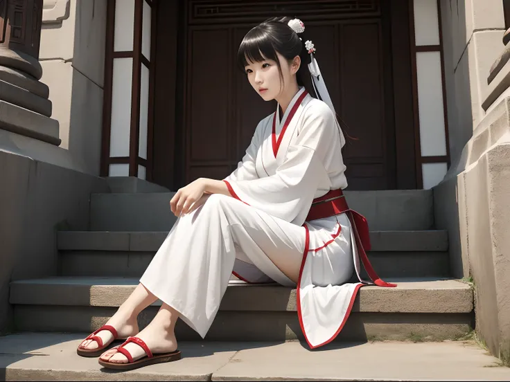 A woman who is,White Hanfu red belt,Sitting on the steps，natta，Broken temple,swordsmen,(tmasterpiece，best qualtiy，Complicated details)