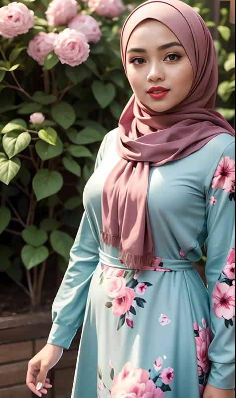 Portrait photography of a beautiful young malay girl in hijab wearing Square Neck Bow Front Floral Jacquard Dress , big breast, catwalk, morningtime, Photo of a young bookish Malay woman wearing a hijab walking in a flower garden, big breast, the woman wea...