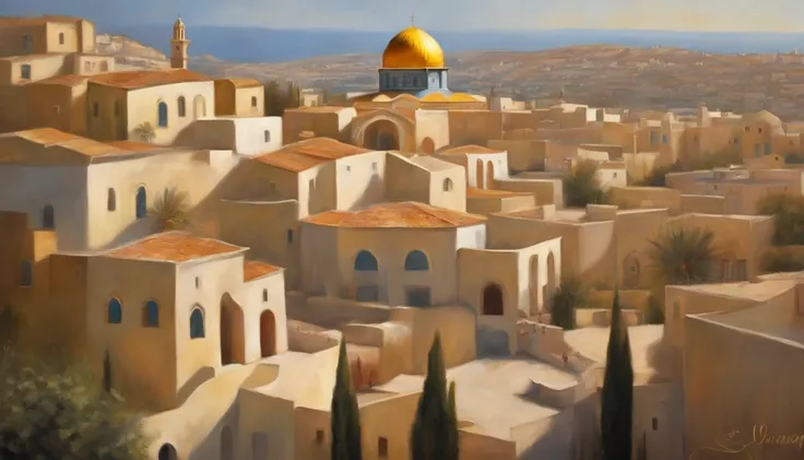 The style of the oil painting of the Israeli city-state is bright and Jesus back is turned in