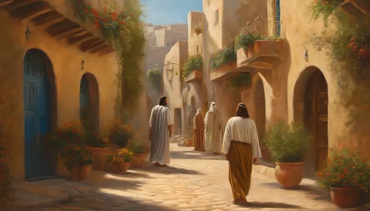 The style of the oil painting of the Israeli city-state is bright and Jesus back is turned in