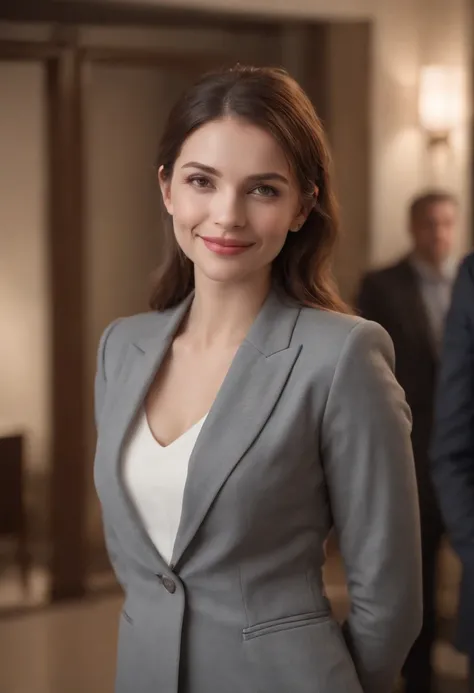 Cinematic portrait , Smiling, Facing the audience, (reality :1.3), A European and American woman looks at the camera, Put on an office career suit, Detailed beautiful face, Action shooting, office backdrop, The character is centered，Realistic photos, Art S...