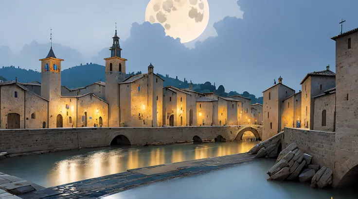 Port of a medieval town with caravels, wet stone, dramatic light, discreet, photorealistic, (stone pier) cinematic lighting, volumetric lighting, dark atmosphere, background with a mountain and a giant silver moon in the sky