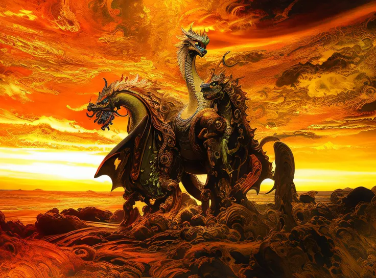 there is a statue of a man riding a horse on a beach, deathwing, alduin, king ghidorah, amazing d & d dark sun art, the devil in hell as a dragon, colossal dragon in background, dragon made out of molten lava, godrays at sunset, giant kaiju dragon monster,...