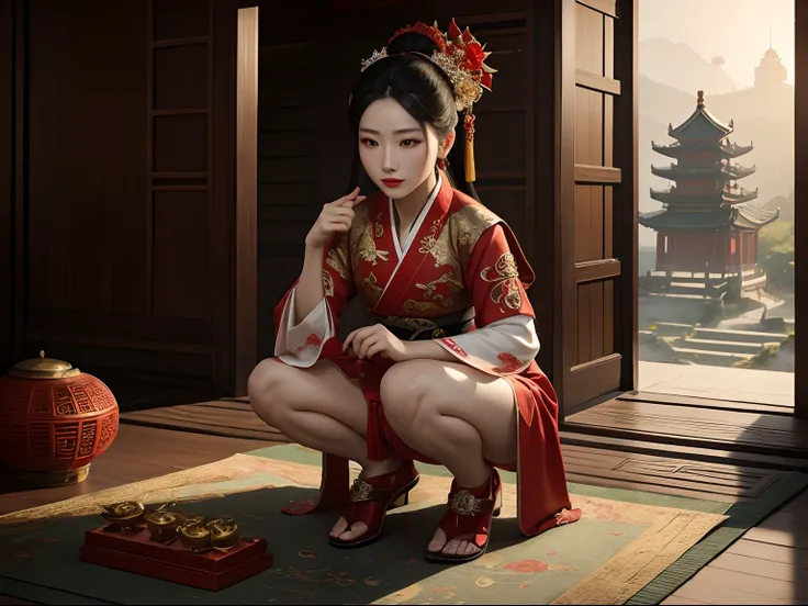 Broken temple，nigth，Fire，Woman with red lipstick,Red Hanfu，fit legs，squatting on the ground ,full bodyesbian，inspired by Luo Mu, inspired by Yao Tingmei, 张曼玉, Traditional beauty, Inspired by Huang Ji, inspired by Li Mei-shu, inspired by Park Hua, Inspired ...