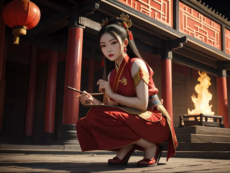 Broken temple，nigth，Fire，Woman with red lipstick,Red Hanfu，fit legs，squatting on the ground ,full bodyesbian，inspired by Luo Mu, inspired by Yao Tingmei, 张曼玉, Traditional beauty, Inspired by Huang Ji, inspired by Li Mei-shu, inspired by Park Hua, Inspired ...