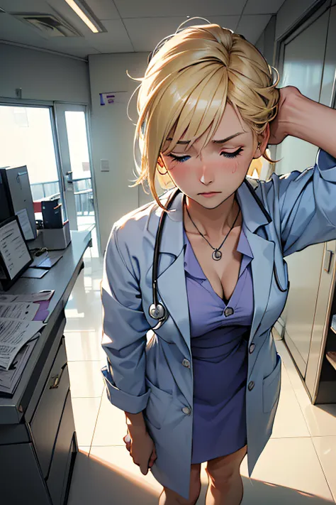 ((32-year-old doctor woman)),Female doctors clothes、The whole picture、Blonde hair、Blue eyes、at hospital、Standing、((Expression of distress))、((eye closed)） ,Love Juice,Forced orgasm,Squirt,penetration ,Ecstasy