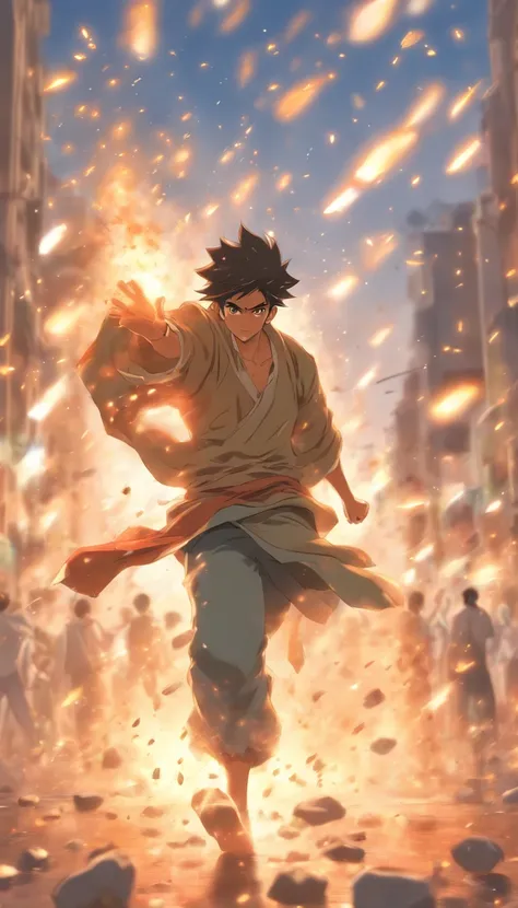 Young Arab men throw stones during the riots. ,32K, Best quality, Masterpiece, Super detail, High details, By Makoto Shinkai ,in the style of the stars art group xing xing, --niji 5"