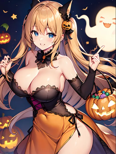 Halloween, femele, Pumpkin costume, ghosts, Assortment of sweets, large full breasts, omatsuri, looking happy smile, Background that foreshadows death, Very fine drawing, GameCG,