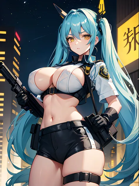 Long Hair, Twintail, Light Blue Hair, Yellow Eyes, Big Boobs, Tight Police Uniform, Nighttime, Holding A Helmet, Wearing Black Gloves