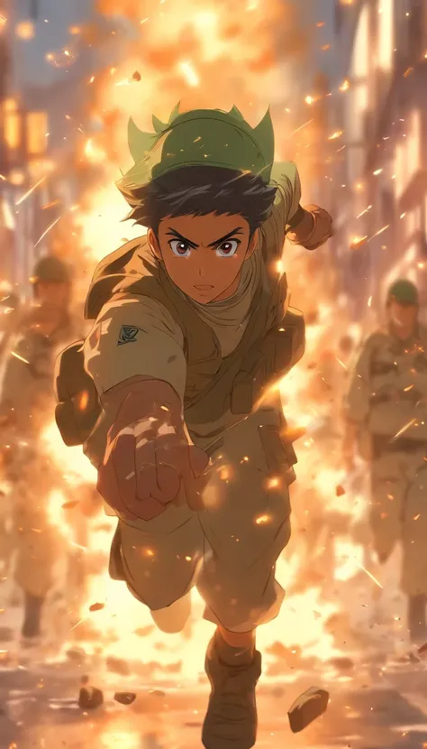 Young Arab man throws stones during the riots，Israeli military police wear helmets and shields ,32K, Best quality, Masterpiece, Super detail, High details, By Makoto Shinkai ,in the style of the stars art group xing xing, --niji 5"