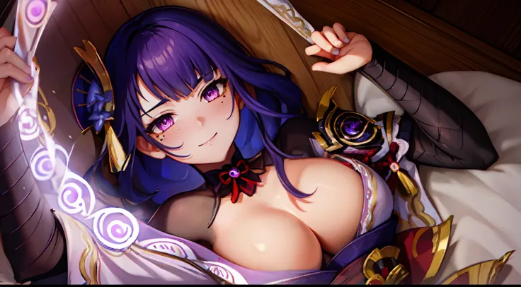 hooligan, naked breasts, on back, lying on his back, teats, Ahegao Face, Camera from above, Frame from above, lying on the bed, the night, Lights, looks at the viewer, ssmile, grin, criminal, laughting, Digital Art, Sexy, Erotica, Nudie, Anime girl in purp...