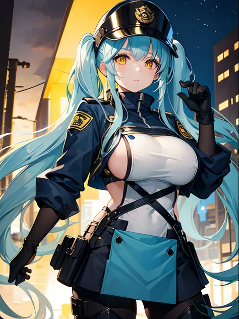 Long Hair, Twintail, Light Blue Hair, Yellow Eyes, Big Boobs, Tight Police Uniform, Nighttime, Holding A Helmet, Wearing Black Gloves