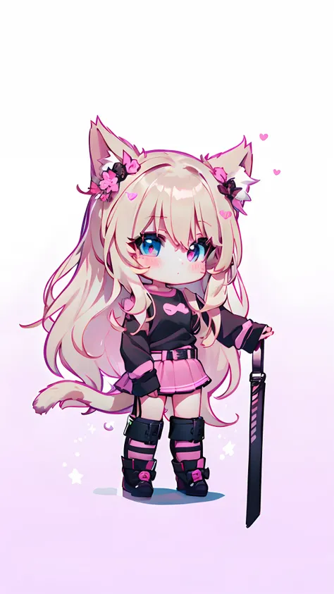 Cat girl with cat ears and blush on the ears, blonde hair, long hair, black and pink short sweatshirt, pink short skirt, white belt, black socks.