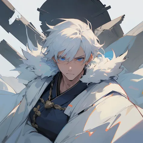 (best quality,4k,8k,highres,masterpiece:1.2),ultra-detailed),white hair,blue eyes,strong build,short hair,adult male,stoic,blue and black haori,somewhat muscular build,snowy background