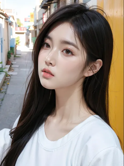 Korean pop idol style, beautifull face, 20 years old korean, Solo_femele, portrait of a, high resolucion,Best Quality,,face up, Alley background, View All