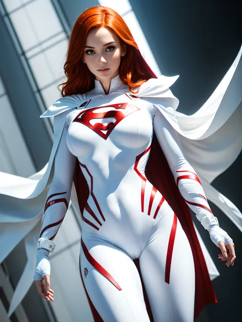 A 25-year-old girl with red hair in an elaborate white long-sleeved Superman costume, covering the whole body, white capelet, White Superman Costume, Suit with white carbon fiber details, flying in the sky, thigh gap, (Posing on the display:1.2), (intricat...