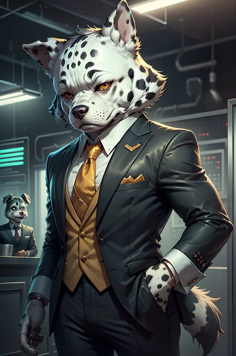 (Man in suit and tie)comic strip、Anthropomorphic Dalmatian dog、cyberpunked