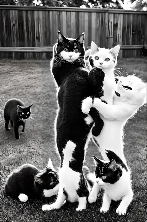 101 black and white cats playing in a backyard