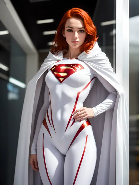 A 25-year-old girl with red hair in an elaborate white long-sleeved Superman costume, covering the whole body, White Flowing Cloak, White Superman Costume, Suit with white carbon fiber details, flying in the sky, thigh gap, (Posing on the display:1.2), (in...