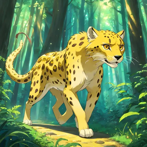 a golden shiny cheetah spirit walking sideway, angry eyes, snake tail, fantasy forest, dark