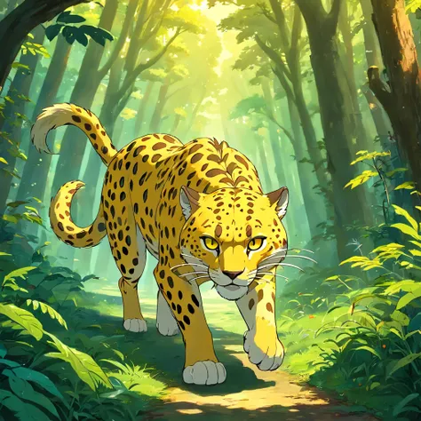 a golden shiny cheetah spirit walking sideway, angry eyes, snake tail, fantasy forest, dark