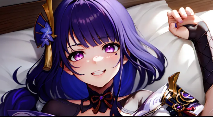 hooligan, naked breasts, on back, lying on his back, teats, Ahegao Face, Camera from above, Frame from above, lying on the bed, the night, Lights, looks at the viewer, ssmile, grin, criminal, laughting, Digital Art, Sexy, Erotica, Nudie, Anime girl in purp...