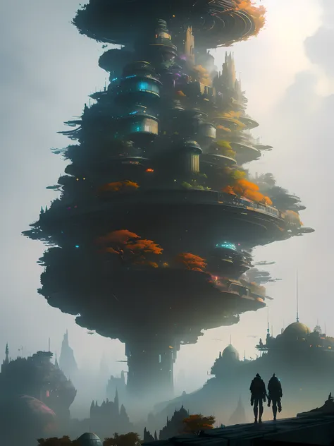 watercolor,colourful,Autumn,futuristic city with a giant tower and people walking on a hill, paul lehr and beeple, inspired by Paul Lehr, bastien grivet, 3 d render beeple, beeple and jean giraud, mystical sci-fi concept art, cyberpunk tree house, concept ...