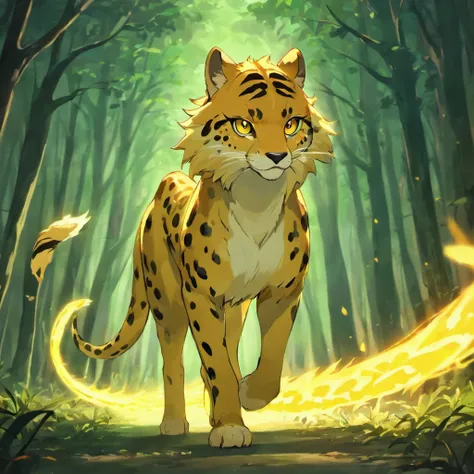 a golden shiny cheetah spirit walking sideway, angry eyes, snake tail, fantasy forest, dark