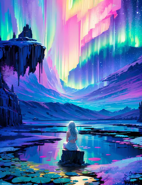 （Beautiful woman dressed in white in front of the colorful Northern Lights: 1.5）, Yoga puts the spectrum together with the Northern Lights, Vivid colors sa colorslashh, Beautiful woman in white sitting on water lilies, complex stuff around, Intricate in th...