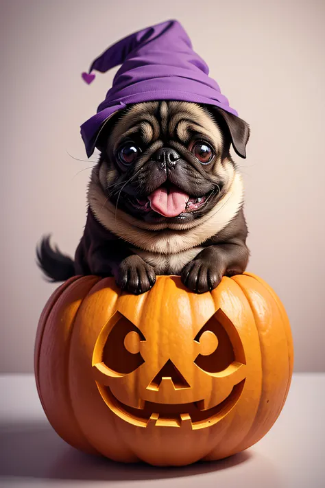 t-shirt design, minimalist, A  happy pug dog inside a carved pumpkin, with just its head popping out, wearing a tiny purple witch hat.