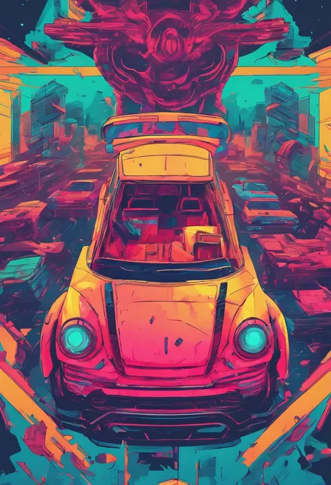 Top-down view of Wuling Hongguang MINI, Anime style from the 90s, detailed anime art, Retro anime art from the 90s, Detailed depiction of traditional beetle shadow anime, Art with a retro vibe, Nostalgia, Dynamic lighting, Clean and clear details, Art with...