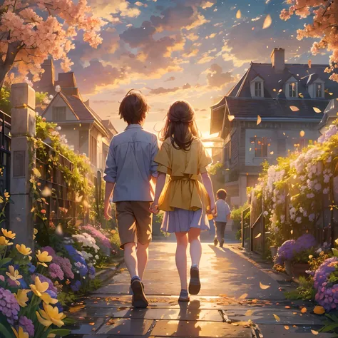 exquisitedetails, Highest quality 8K resolution, Ultra-detailed, Realistic, Vibrant colors, Soft tones, With warm and gentle lighting.(Rear view of a boy and a girl:1.2),(Boy and girl walk hand in hand:1.2),Garden Girl, Holding hands with someone, With an ...