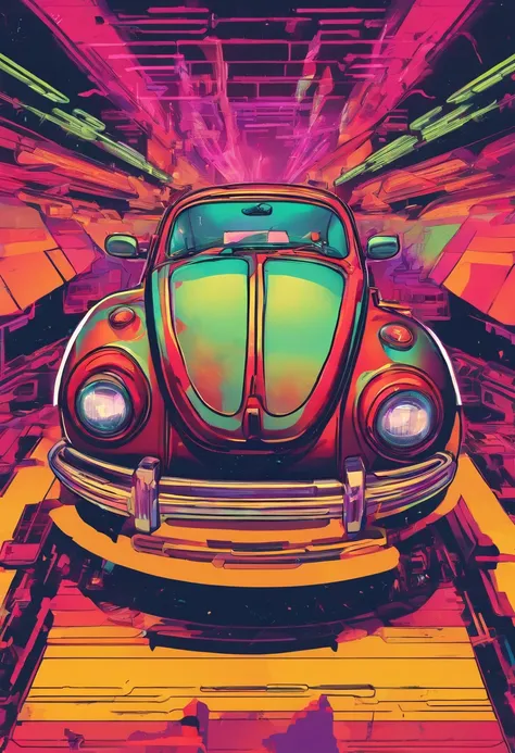 Top-down view of vintage Beetle artwork, Anime style from the 90s, detailed anime art, Retro anime art from the 90s, Detailed depiction of a traditional beetle shade anime, Art with a retro vibe, Nostalgia, Dynamic lighting, Clean and clear details, Art wi...