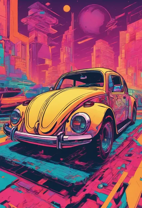 Top-down view of vintage Beetle artwork, Anime style from the 90s, detailed anime art, Retro anime art from the 90s, Detailed depiction of a traditional beetle shade anime, Art with a retro vibe, Nostalgia, Dynamic lighting, Clean and clear details, Art wi...