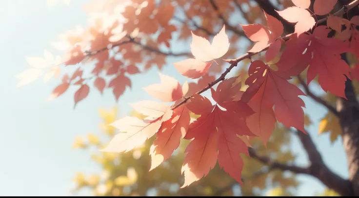 Colored leaves、Up、８K、top-quality、Delicate leaves、Branches in the sun、Hang sunlight on the leaves、Photorealsitic、Natural soft light、Ultra-detail upwards、Background blur、Photo effects、k hd、Photo effects