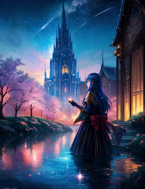 the met、Painting of a river with stars and moon in the sky、the met、Shining skyscrapers、Shine across the board、Skyscrapers、Concept art inspired by Mitsuoki Tosa、pixiv contest winners、top-quality、Fantasyart、beautiful anime scene、Bright moon、Moonlit star envi...