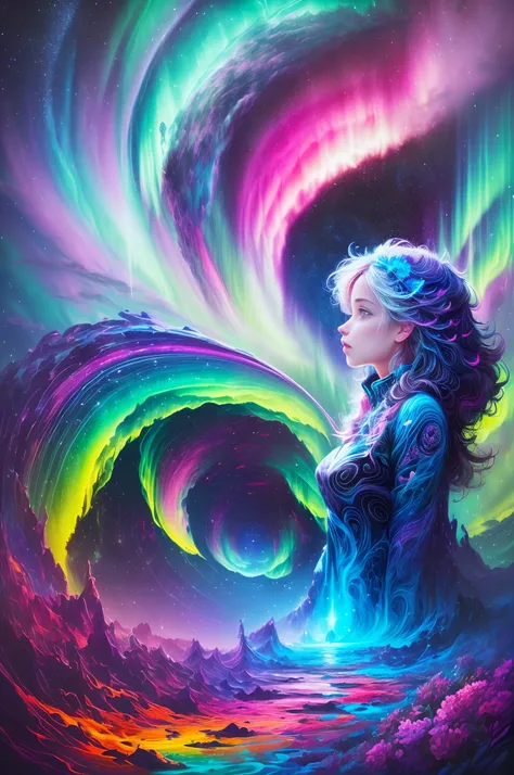 （Girl standing in front of a swirl of colorful Northern Lights: 1.5），((Neon Star， Around the flowers，truth， expecting， Depth-of-fie， insight， Understood， mont， The Milky Way is lush, Translucent clouds， spectrum， in a panoramic view， Interstellar cycles， c...