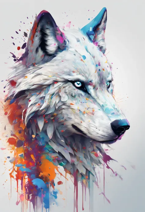 Splash art, a wolf head, ((white background)), piercing eyes, epic Instagram, artstation, splash style of colorful paint, contour, hyperdetailed intricately detailed , unreal engine, fantastical, intricate detail, splash screen, complementary colors, fanta...