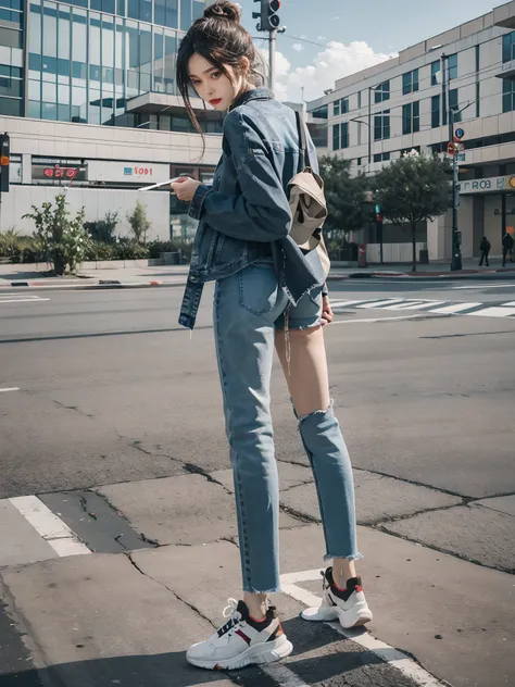 best qualtiy，Have on the street，one-girl，Fashion model，Back shadow，Slender and slender figure，Skinny，As thin as a whipping post，Smaller bust，bangle，with tattoos，cigarettes。athletic sneakers，denim pant，The legs are dirty，Girls excrete feces in their pants，B...