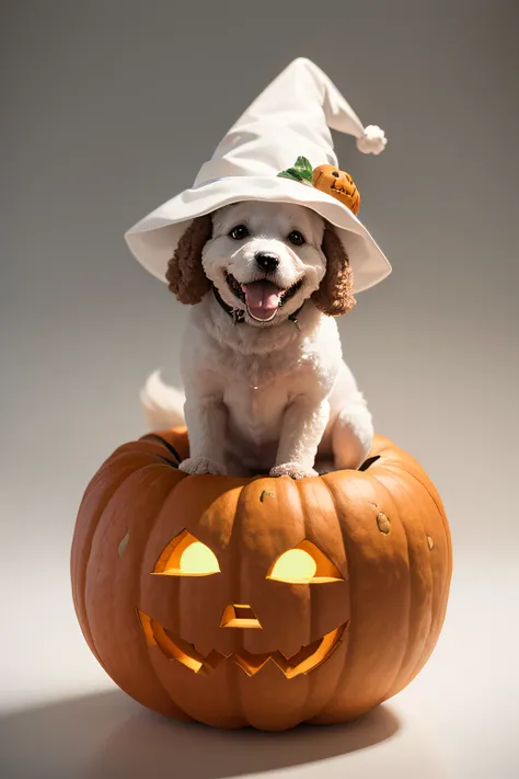 t-shirt design, minimalist, A  happy white dog, Poodle, inside a carved pumpkin, with just its head popping out, wearing a tiny witch hat.