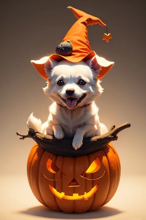 t-shirt design, minimalist, A  happy white dog, Chihuahua, inside a carved pumpkin, with just its head popping out, wearing a tiny witch hat.